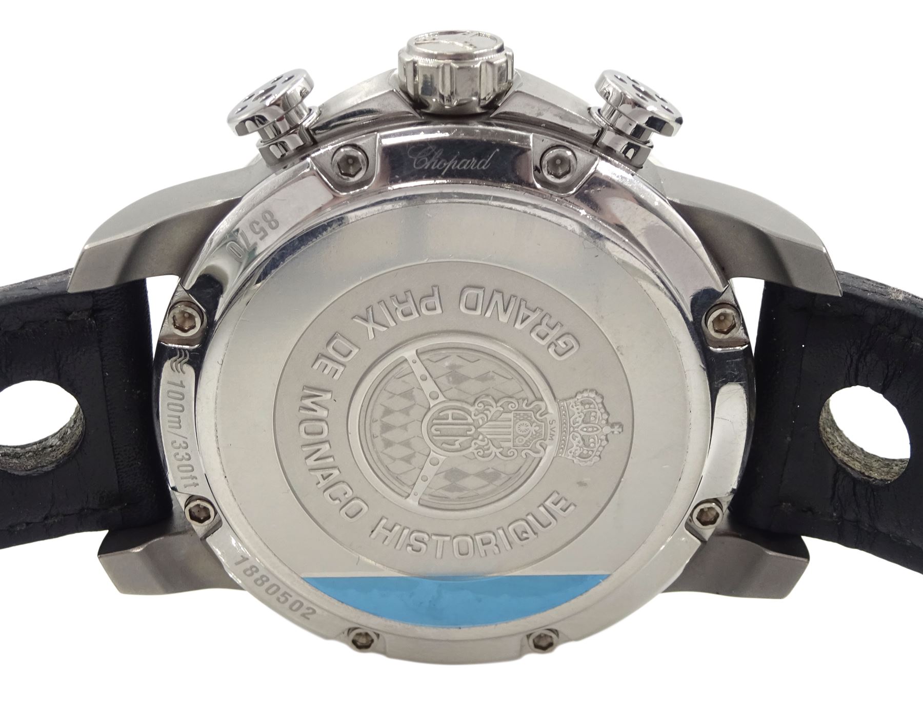 Chopard Grand Prix de Monaco Historique gentleman's stainless steel and titanium automatic chronograph wristwatch, Ref. 8570, on original black leather strap, with fold-over clasp, boxed with original receipt dated 2014 and service receipt dated 2022