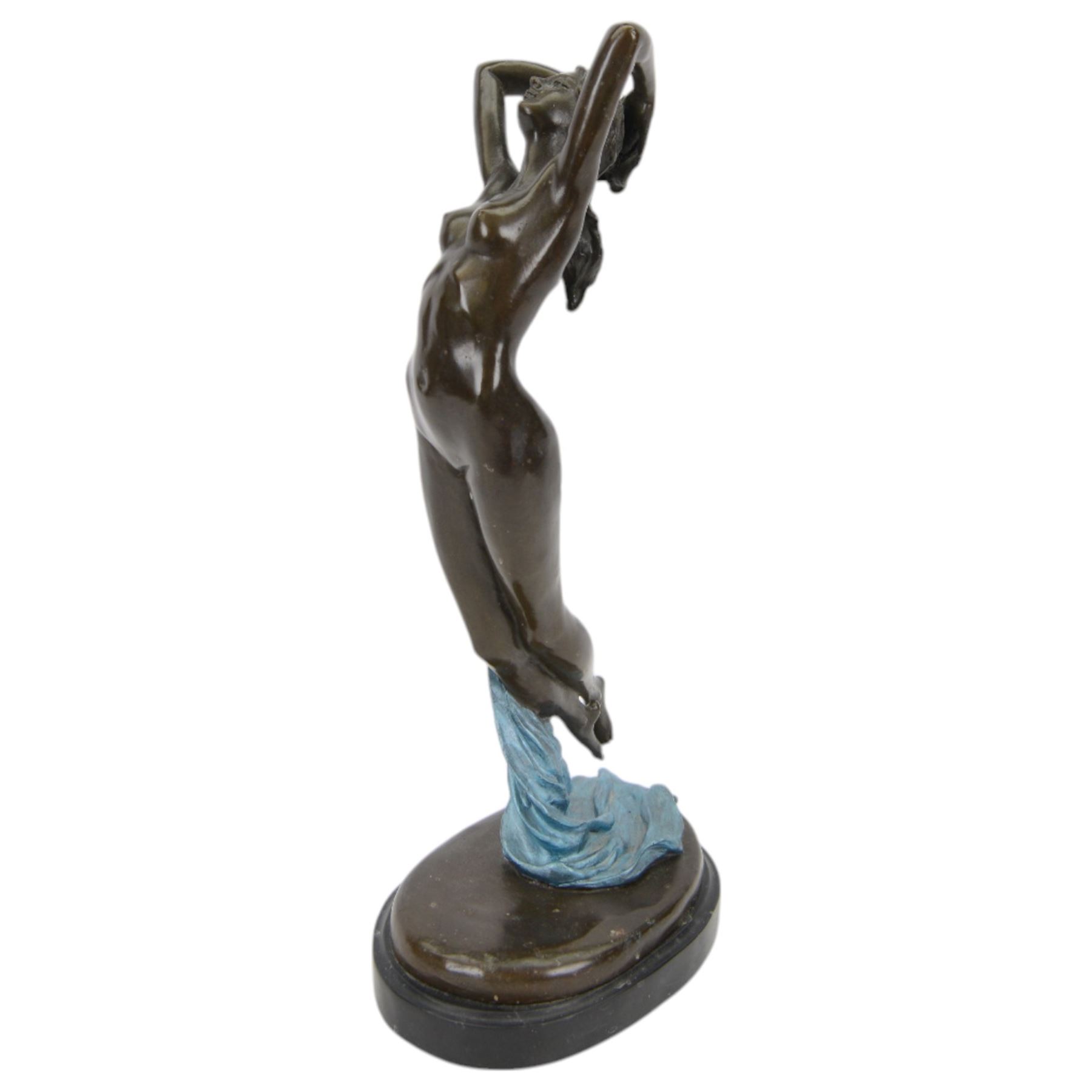 After Joseph Pollet, bronze figure of a nude woman, upon an oval black marble effect plinth, H47cm