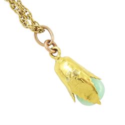 Early 20th century Chinese Export 20ct gold jade gourd form pendant, stamped KL, possibly Kam Lung, on a later 9ct gold rope chain necklace