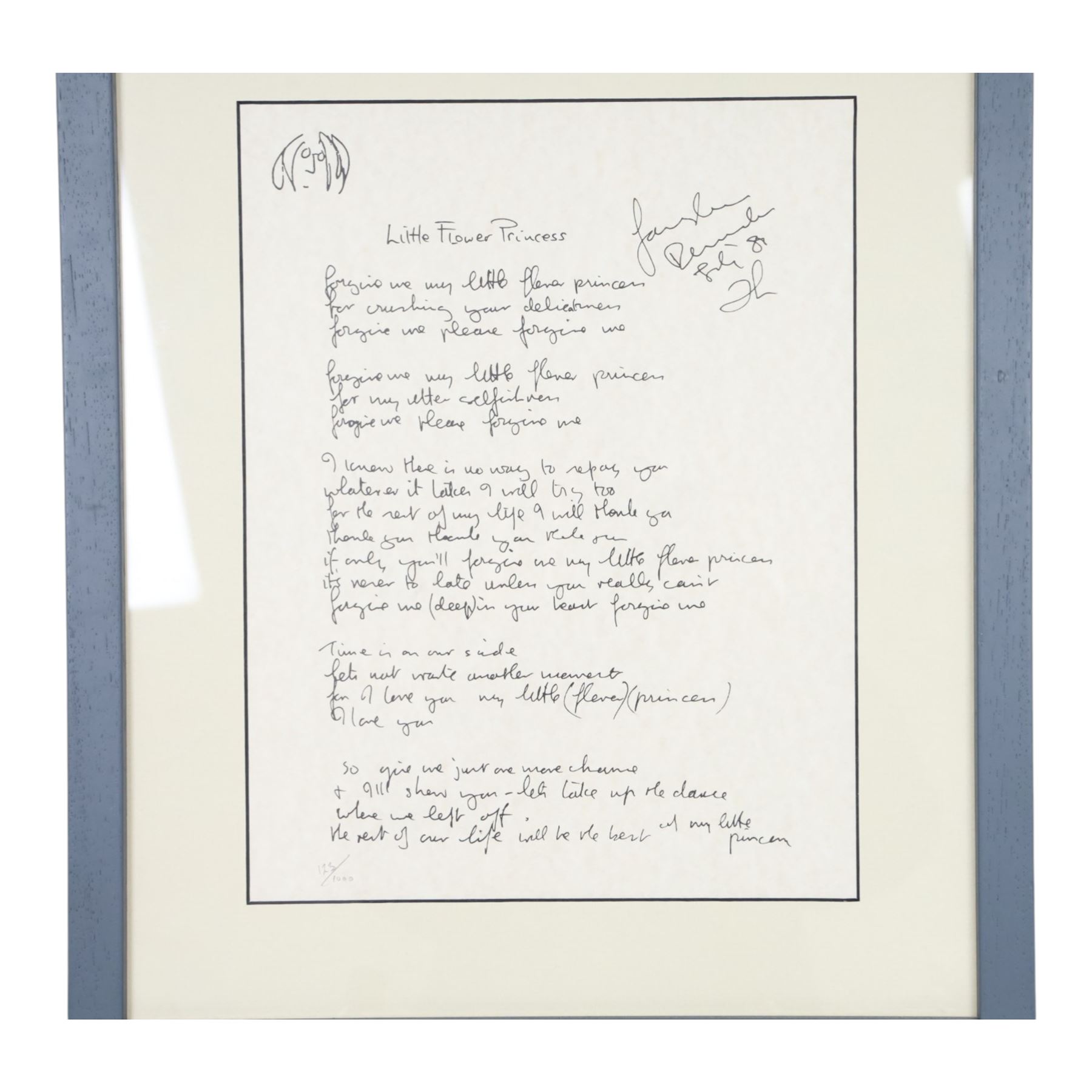 After John Lennon (British 1940-1980): 'Little Flower Princess', hand written song lyrics limited edition lithograph, numbered 123/1000 in pencil, 31cm x 24cm