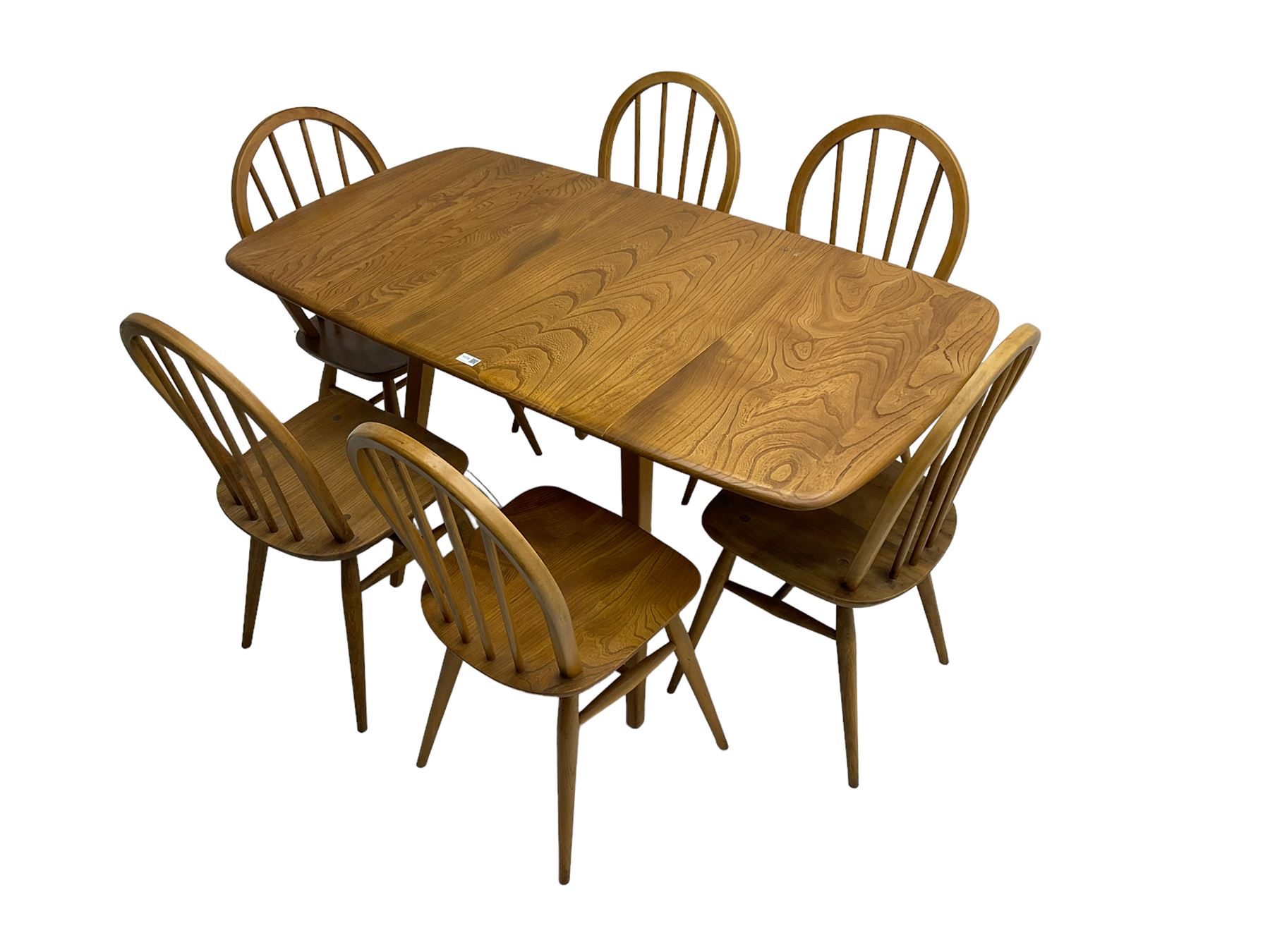 Ercol elm drop leaf table and set six hoop back chairs The