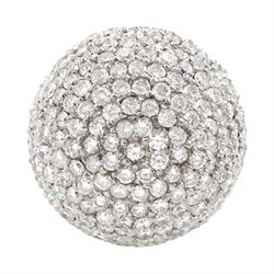 Palladium pave set round brilliant cut diamond ball ring, hallmarked, total diamond weight approx 15.00 carat