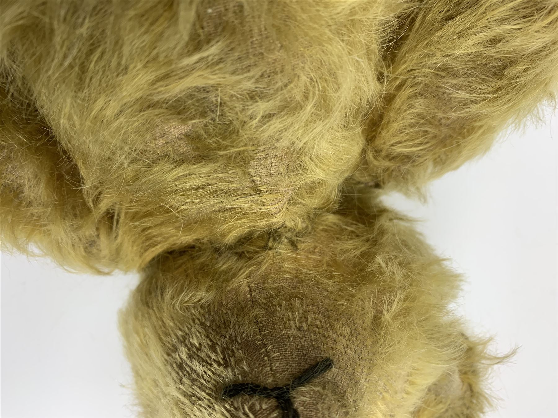 Early 20th century English teddy bear, WW1 period, with wood wool filled mohair body, fixed head with one boot button eye and vertically stitched nose and mouth and jointed limbs with cloth paw pads H16