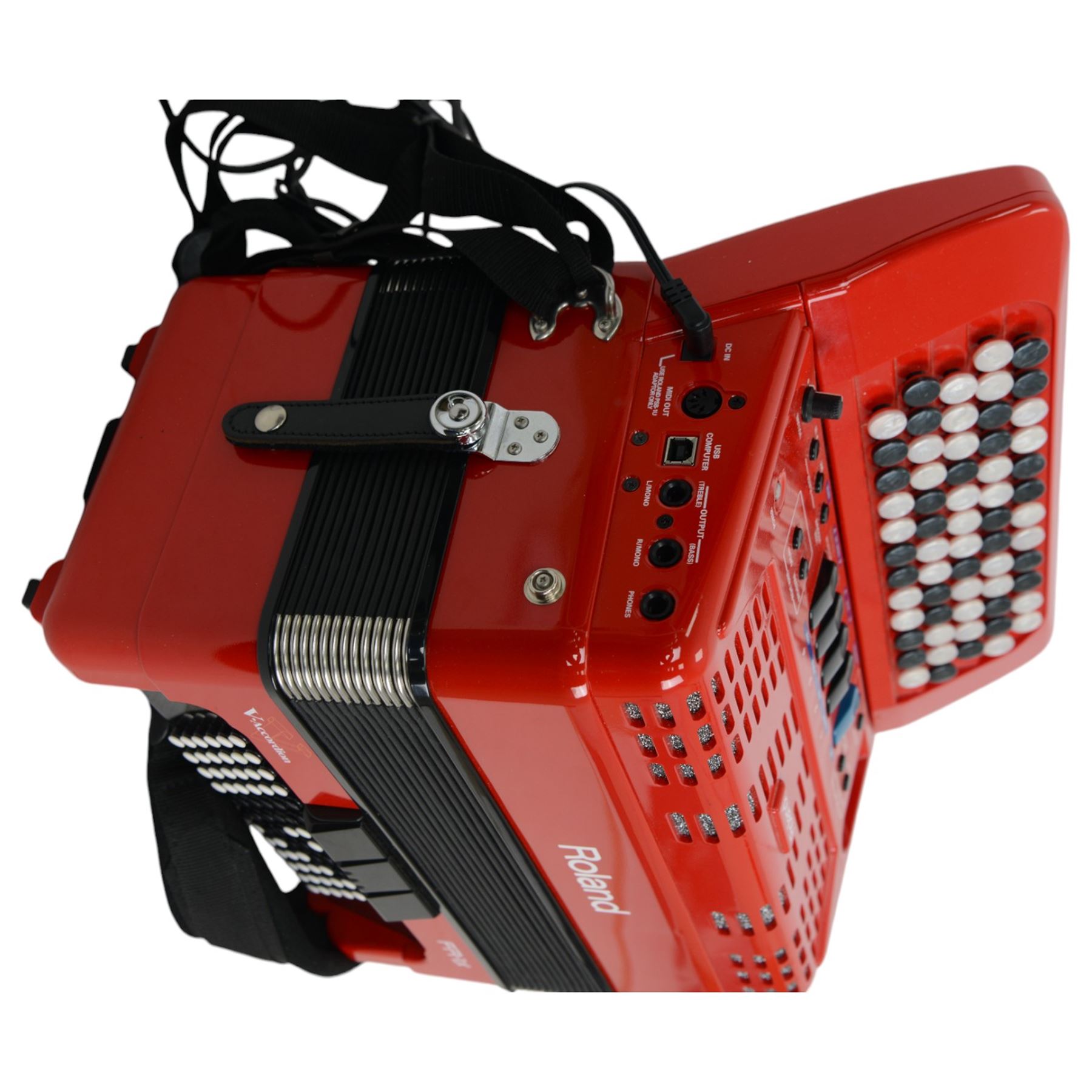 Rolan FR-1X  V-accordion, 13 fold bellows, 62 butttons, classic, jazz, ensemble, brass, wind, piano and guitar, samples. With leads and carrying case.