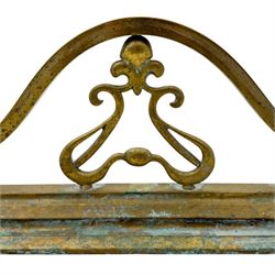 Three 20th century brass fenders, two with pierced Art & Crafts design rails, largest W156cm, D 45cm 