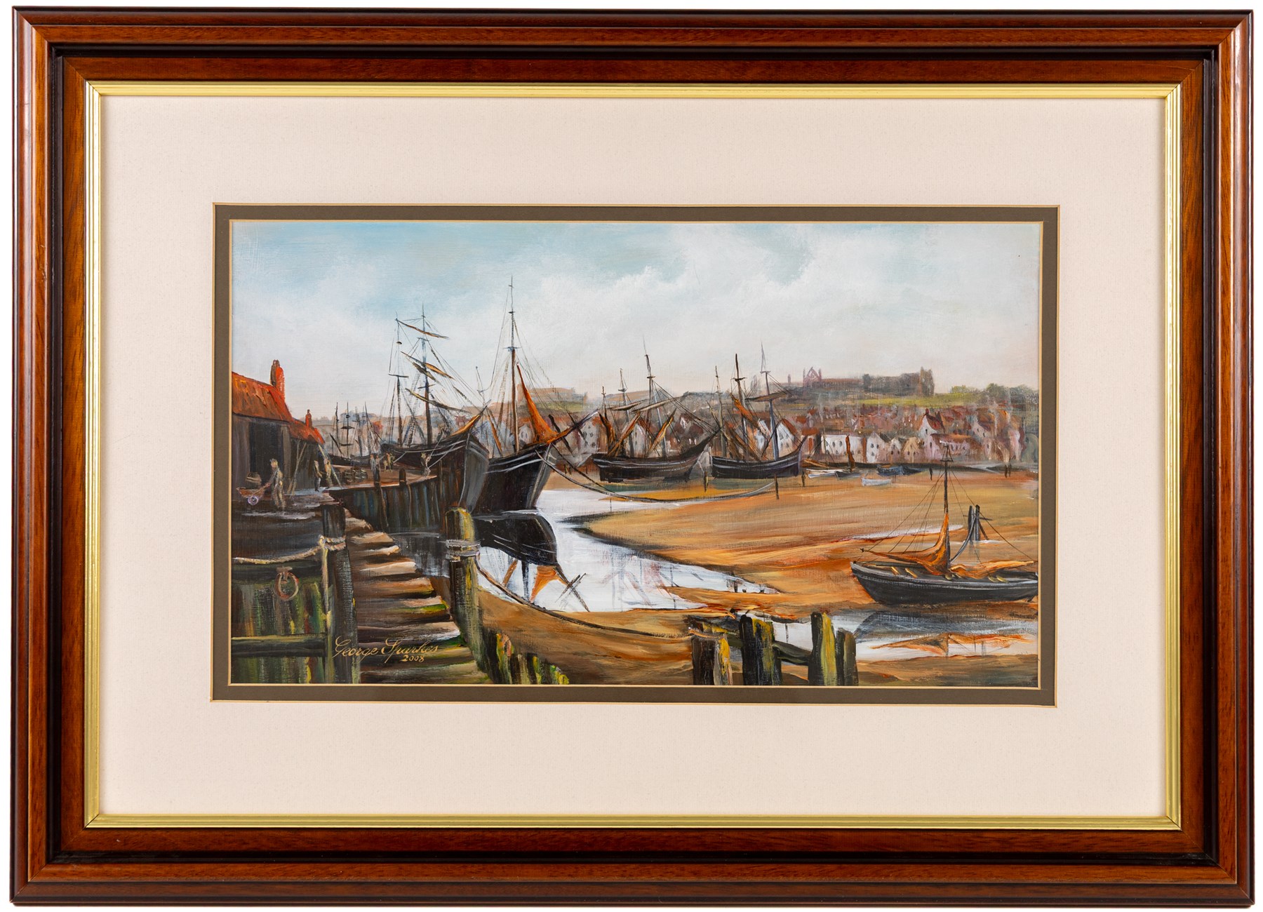 George Sparkes (Yorkshire Contemporary): 'Low Tide - Whitby Upper Harbour c.1890', acrylic on board signed and dated 2008, titled on label verso 25cm x 44cm
