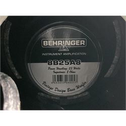 Richwood electric bass guitar in blue, cream and natural finish L117cm; in Fender soft carrying case; together with Behringer Thunderbird Bx108 amplifier date code 0 4 11.