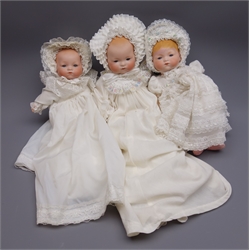  Three Armand Marseille 'My Dream Baby' bisque head dolls, each with moulded hair, sleeping eyes and closed mouth, two with composition body and jointed limbs and one with soft body, one marked 'AM Germany 341/31/2K', one marked 'AM Germany 341/3K' and one marked 'AM Germany 341/3', largest H37cm (3)  
