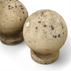 Pair of cast stone spherical ball garden finials or gate post tops