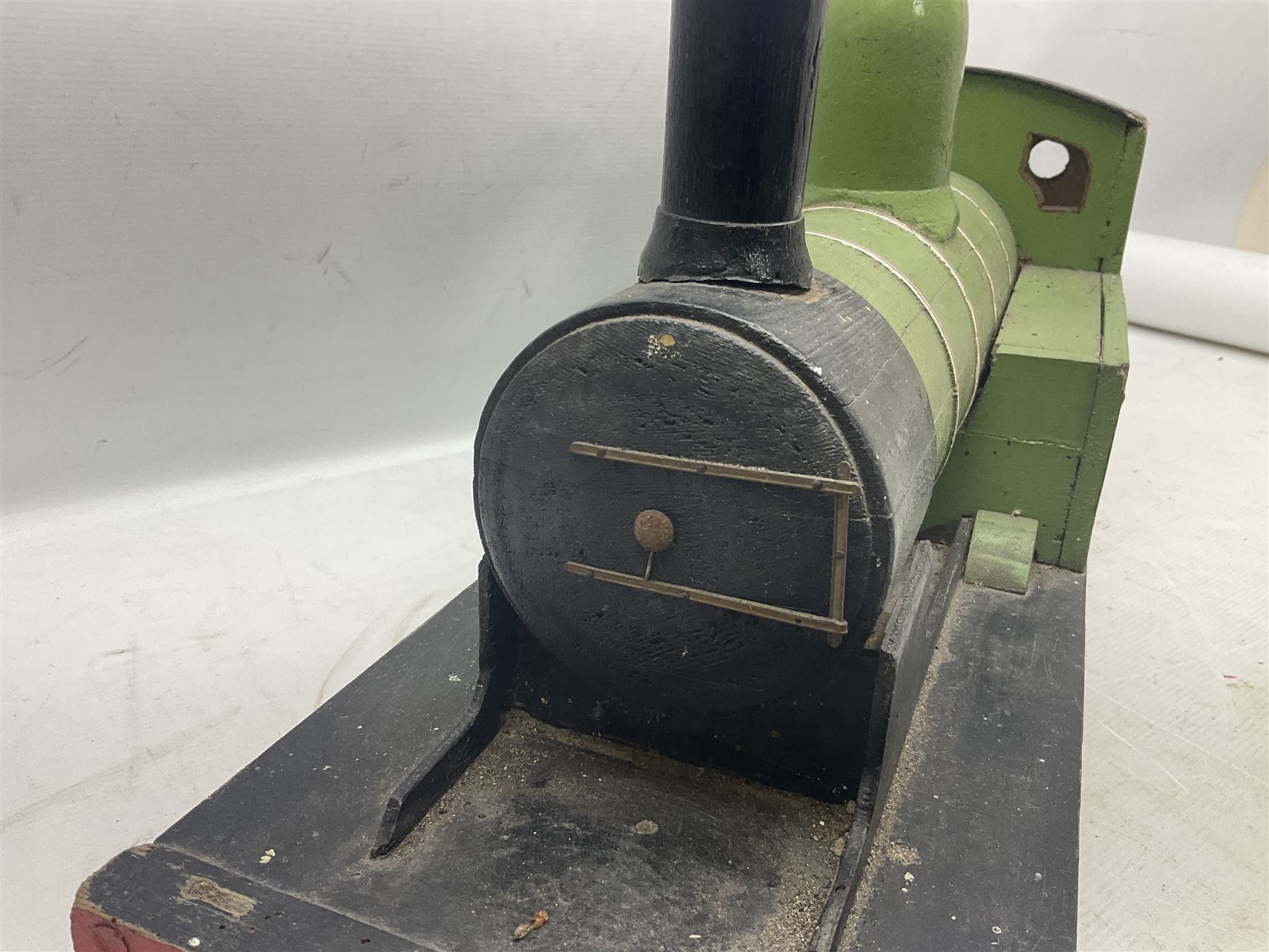 1960s scratch-built green, black and red painted wooden model of a 4-6-0 tank locomotive 'Andrew' No.7365 L88cm; and an unused wall mounting die-cast model display cabinet with glass door and shelves 52 x 40cm (2)