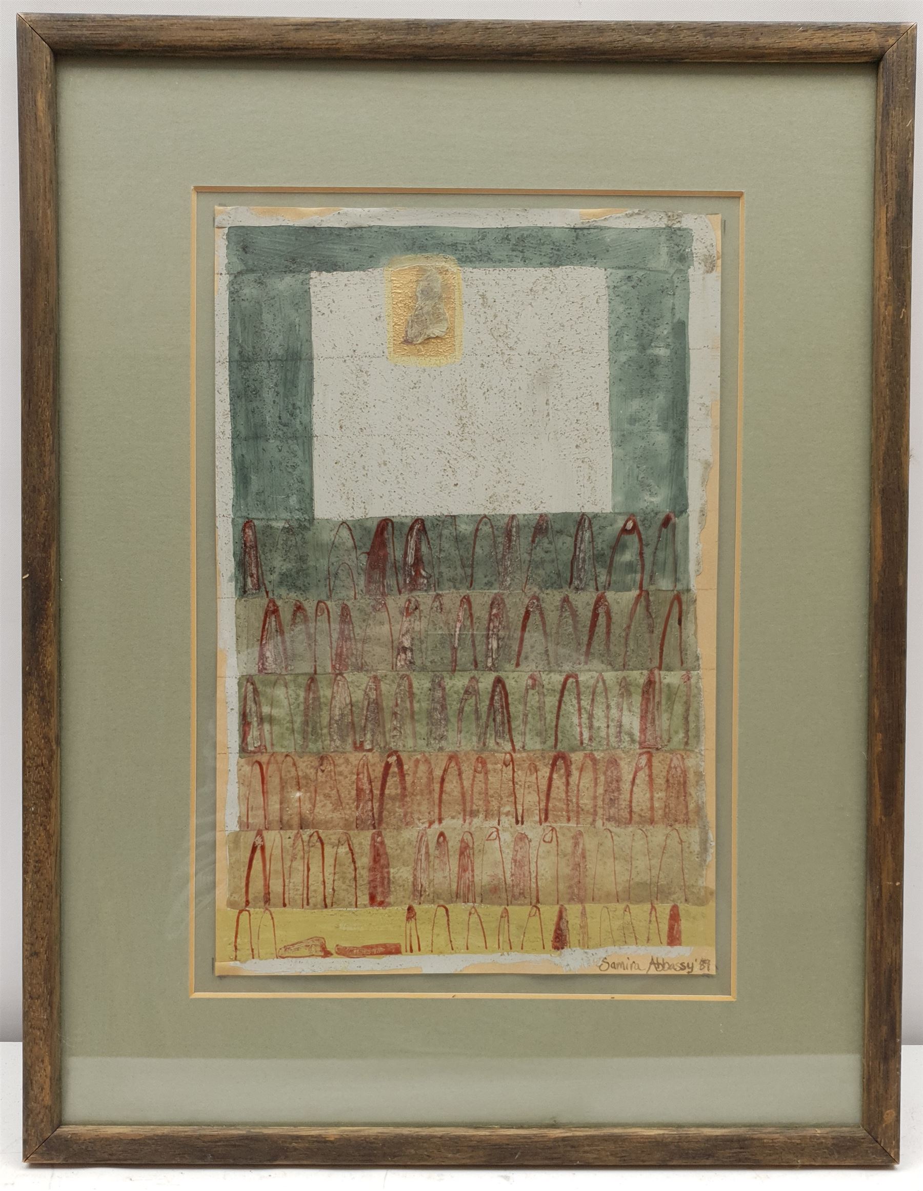 Samira Abbassy (Iranian 1965-): 'The Ayatollar's Funeral', watercolour and mixed media signed and dated '89, titled on exhibition label verso 27cm x 18cm
