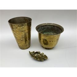 Collection of Eastern brassware to include planter, bells, dishes, mortar, gong, etc, many having engraved decoration (11)