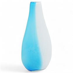 Art Nouveau style blue and white glass vase, of baluster form with elongated neck, the decorative green stems leading towards a petal shaped rim, H29cm; together with four similar art glass vases, tallest H36cm (5)