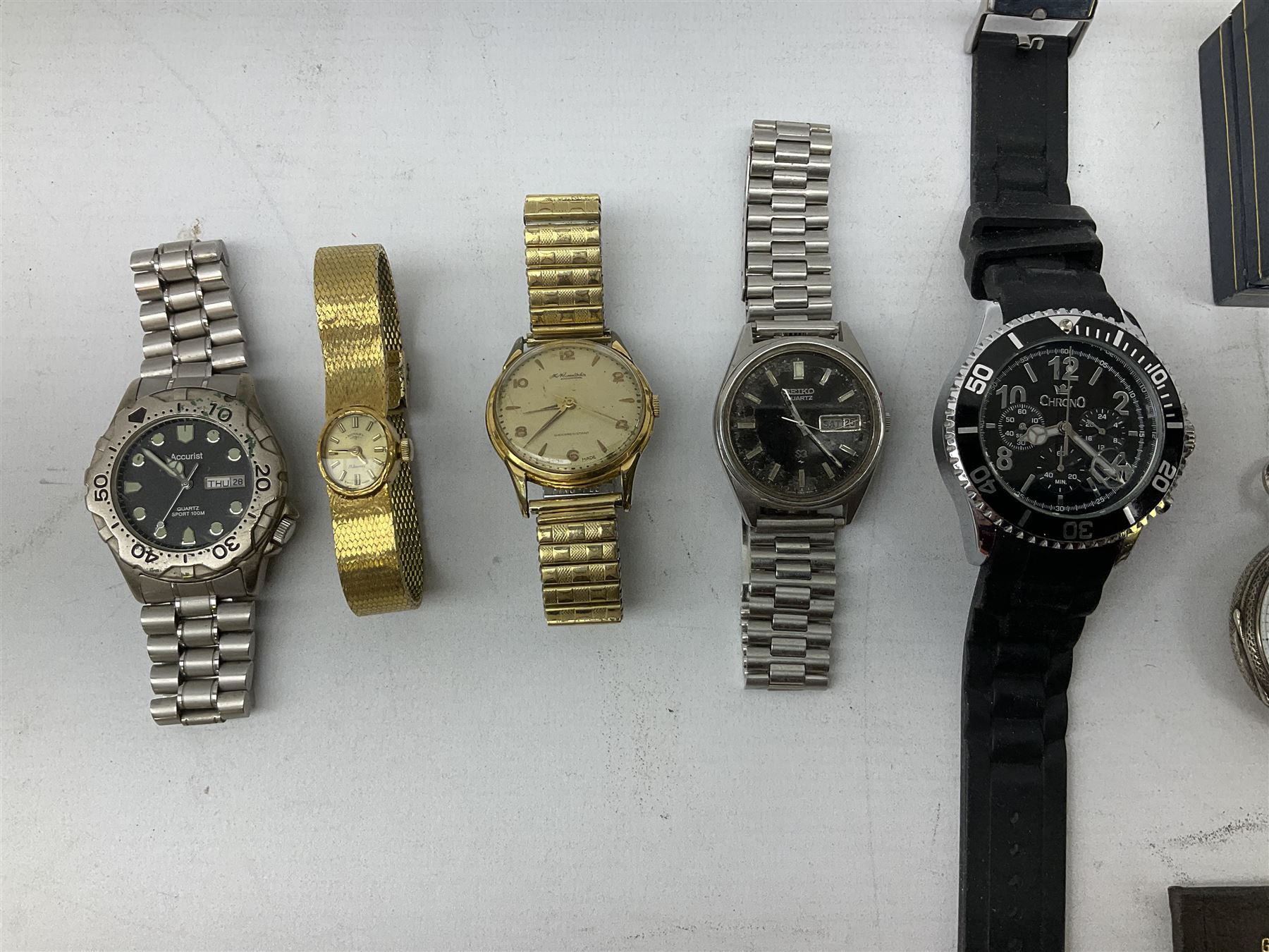 Victorian gold lava and stone set cameo bracelet, three silver pocket watches including R C. Bird Hull key wound lever,  The Veracity Masters Ltd, Rye lever, Carmichael Rotary, Dan Dare pocket watch and a collection of wristwatches including Thomas Russell & Son, 