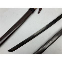 Reproduction Scottish officers basket hilt broad sword, the brass basket pierced with heart-shaped motifs lined with red lining, together with a reproduction Japanese Katana sword, longest L110cm