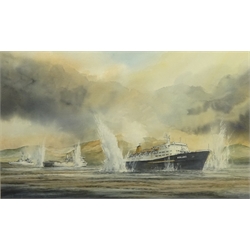  David C Bell (British 1950-): The MV Norland in the Falklands Conflict, watercolour signed 36cm x 61cm Notes: The Norland was a P&O 27,000 tonne roll-on/roll-off ferry  built in 1974 operating between Hull and Rotterdam Europoort, Netherlands, and then Zeebrugge, Belgium. During the Falklands War, the Ministry of Defence requisitioned the Norland to be used as a troopship in the Task Force sent to retake the Falkland Islands. The Norland was among the ships to enter San Carlos Water during the amphibious landings of Commandos and Paratroopers, Captained by Donald Ellerby CBE. The ship survived attack from the Argentine Air Force, and at the end of the war repatriated the defeated Argentine troops back home, alongside the Canberra.  DDS - Artist's resale rights may apply to this lot    