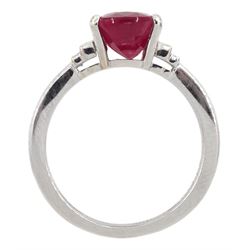 18ct white gold oval Burmese ruby ring, with baguette diamond shoulders, hallmarked, ruby approx 3.00 carat