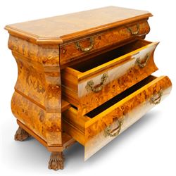 Colombo Mobili - Italian walnut and floral marquetry bombé commode chest, rectangular top with canted eared corners inlaid with urn motif and trailing scrolling foliage, fitted with three long graduating drawers with gilt metal handles, profusely inlaid with scrolling acanthus leaves interspersed with urns and cartouches, on large carved ball-and-claw feet