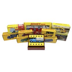 Ten Atlas Dinky die-cast models and accessories including, Bedford TK Tipper no. 435, Austin Wagon no. 412, two Miniatures, 25 O Camion Laiter, 'Panneaux De Signalisation Routiere' and others (10)