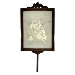 KPM Berlin lithophane panel, of two angels supporting a female figure to the centre, encased in a rosewood frame and handle, H42cm