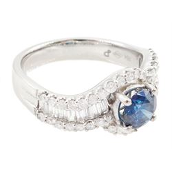 18ct white gold diamond crossover ring, the principal round brilliant cut fancy blue diamond of approx 0.75 carat, with round brilliant cut diamond surround and shoulders, stamped 750, total white diamond weight approx 0.60 carat