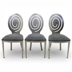 Ethan Allen - 'Radius' pair of stools and three chairs, metal pierced back with spiral cut out, plush blue velvet seat, raised on metal tapering supports