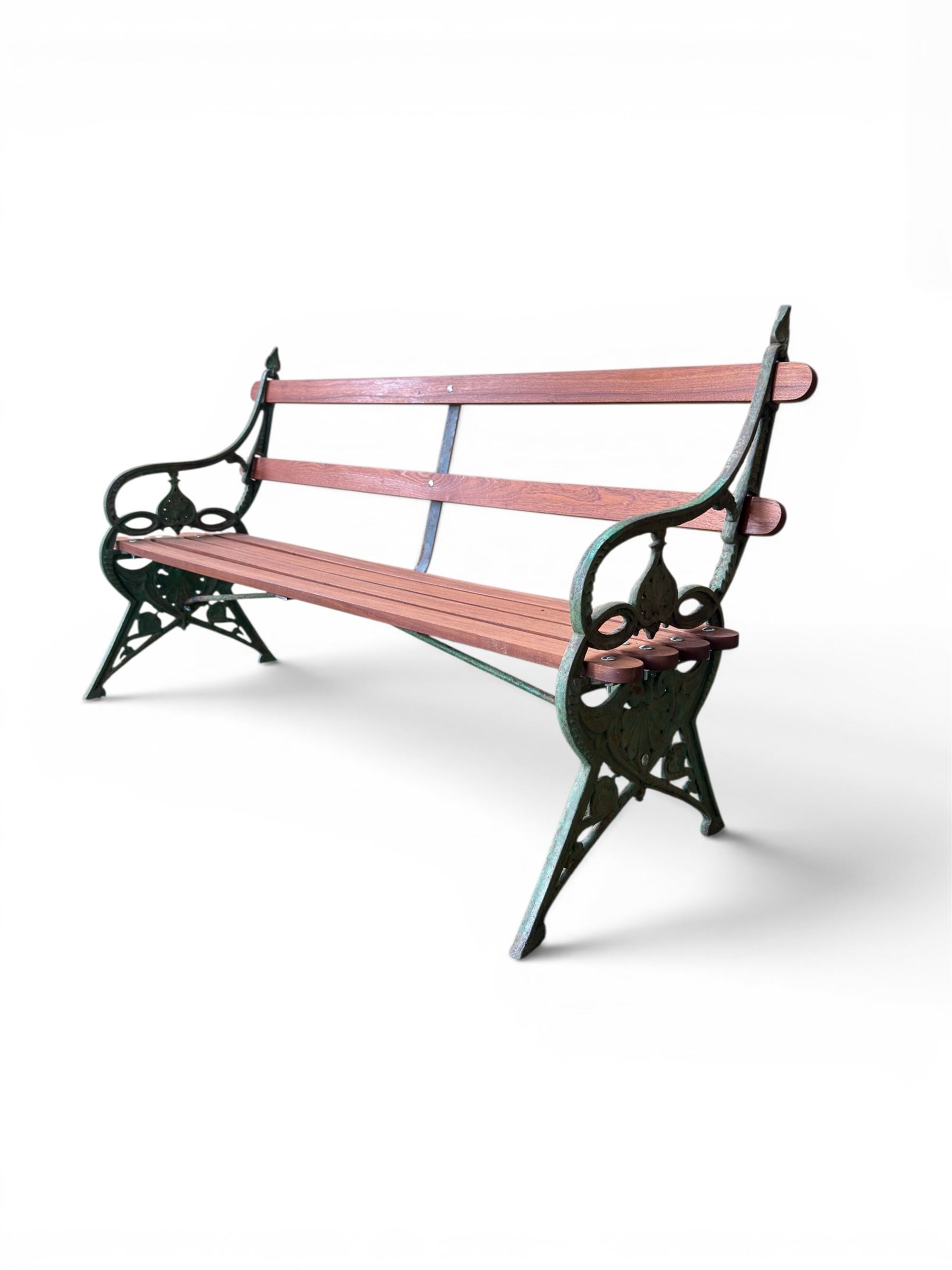 Coalbrookdale - Lily Pad design cast iron an wood slatted garden bench, late 19th century Aesthetic Movement, no. 217569, distressed green paint, iron centre support and seat stretcher, hardwood slatted