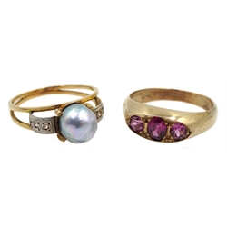 9ct gold three stone garnet gypsy set ring hallmarked and a 16ct gold grey pearl ring