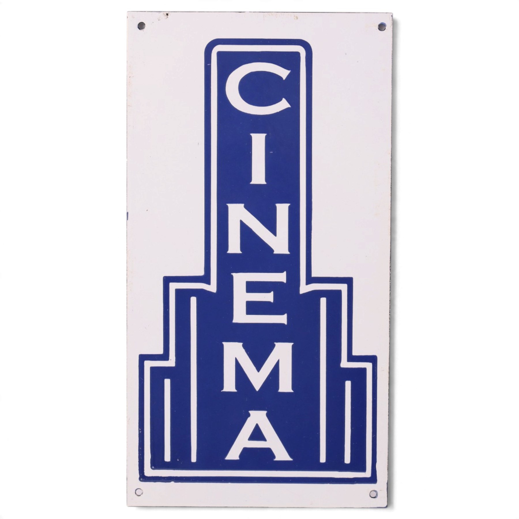 Art Deco style 'Cinema' reproduction enamel sign, blue on a white ground, H43cm