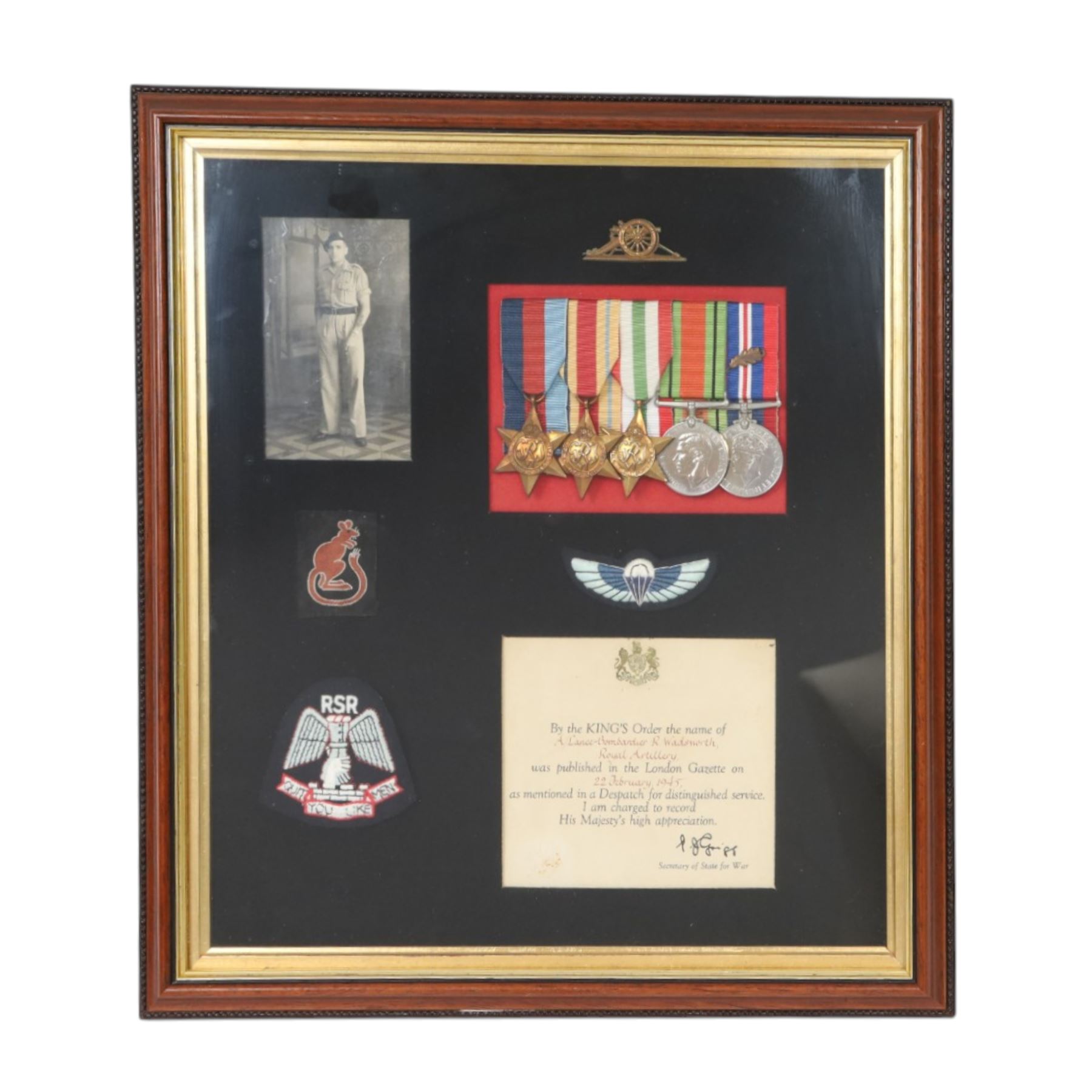 WWII medal set, awarded to R. Wardsworth, Royal Artillery and Raiding Support Regiment, together with photograph, service records and correspondents between members of the Raiding Support Regiment     