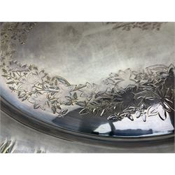 Oval silver plate twin handled tray, egg and dart edge, engraved with floral springs surrounding an central inscription, L65cm