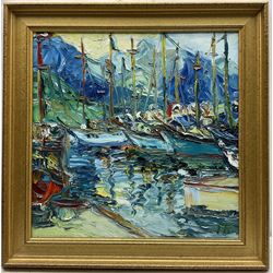 Galina Bystritskaya (Russian 1961-): 'Port Kemer Turkey', impasto oil on canvas signed with initials, titled and dated 1995 verso with presentation inscription dated 1996, 49cm x 49cm