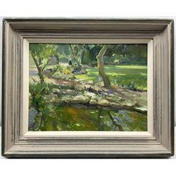 David Jan Curtis (British 1948-): The Garden Pond with Goldfish, oil on panel signed 29cm x 39cm
