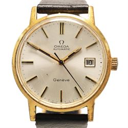 Omega gentleman's gold-plated and stainless steel automatic wristwatch, silvered dial with baton hour markers an date aperture, on black leather strap, boxed
