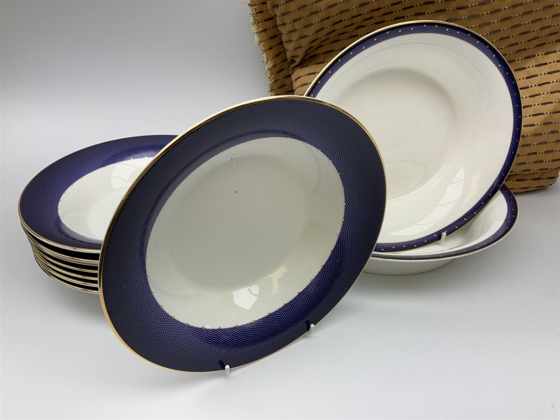 Wedgwood Midnight pattern tea and dinner wares, comprising seven cups and saucers, large jug, eight soup bowls, two large bowls, together with wedgwood citrons coffee wares