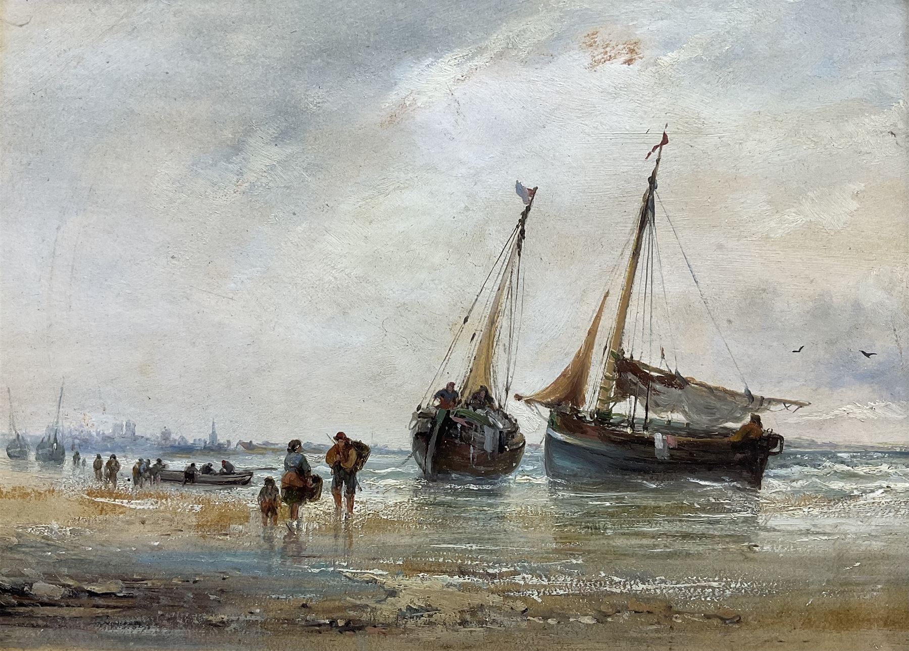 Attrib. James Baker Pyne (British 1800-1870): Unloading on the Shore with a Distant Town Beyond, oil on board unsigned 21cm x 29cm
