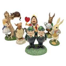 Goebel Alice in Wonderland figures, comprising Alice and Cat, White Rabbit, Queen of Hearts, March Hare, Tweedle Dee and the Mock Turtle, largest H18cm