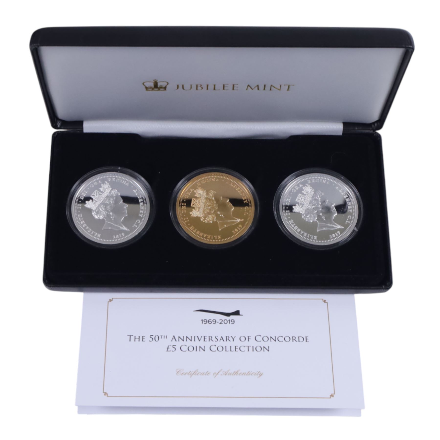 Queen Elizabeth II Alderney 2019 '50th Anniversary of Concorde' five ounce silver proof twenty five pound coin, and Queen Elizabeth II Alderney 2019 '50th Anniversary of Concorde' five pound coin collection, both cased with certificates
