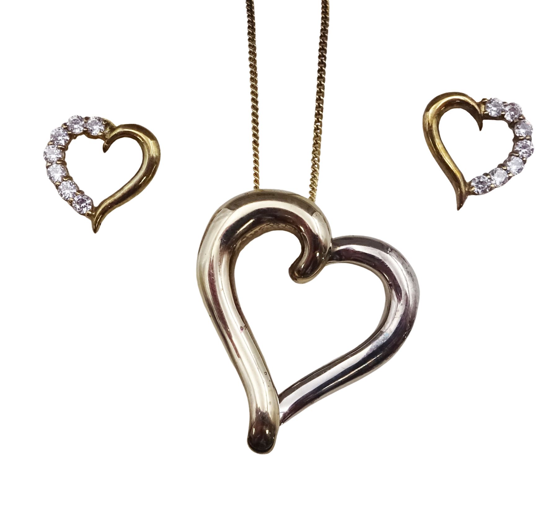 Pair of 9ct gold stone set heart stud earrings, stamped 9ct and a