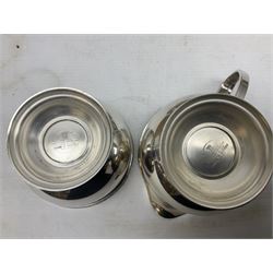 Viners of Sheffield silver-plate tea/coffee wares, the rims decorated with bands of flowers, and chased oval tray with swag decorated gallery, L39cm