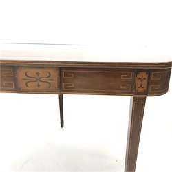 Early 19th century inlaid mahogany foldover tea table, square tapering supports on spade feet, W92cm, H74cm, D90cm 