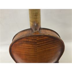 19th century full sized violin in a later hard case, decorative mother of pearl inlay to the tail piece Overall length 60cm No bow