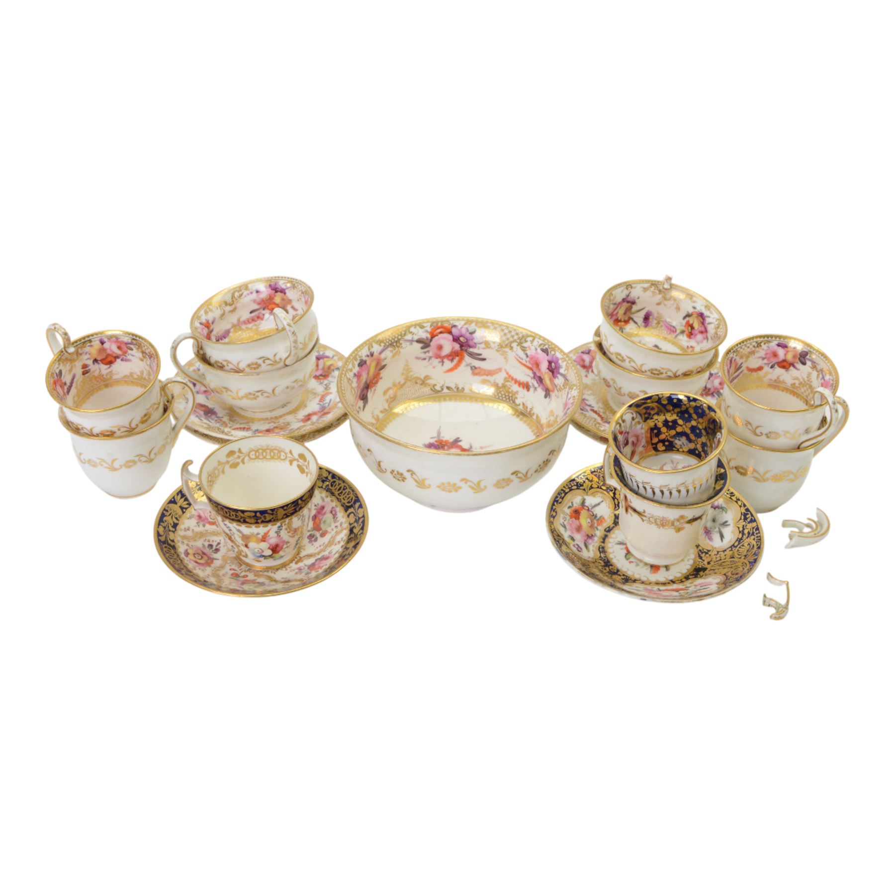 Coalport teawares, circa 1820-1840, comprising set of four trios, coffee cups, teacups and saucers, and slop bowl, decorated in the 830 pattern, with floral sprays and gilt shaped reserves, two further coffee cups and saucers, decorated with floral sprays upon blue grounds/with blue borders, and a similar coffee cup