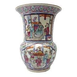 20th century Chinese Famille Rose vase, of bellied form with tapering neck and flared rim, decorated with figural panels of elders and bijin, against a foliate back ground, H35cm