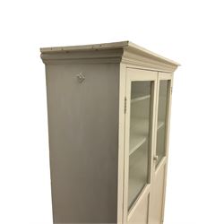 19th century painted pine kitchen cupboard, enclosed by two part glazed doors
