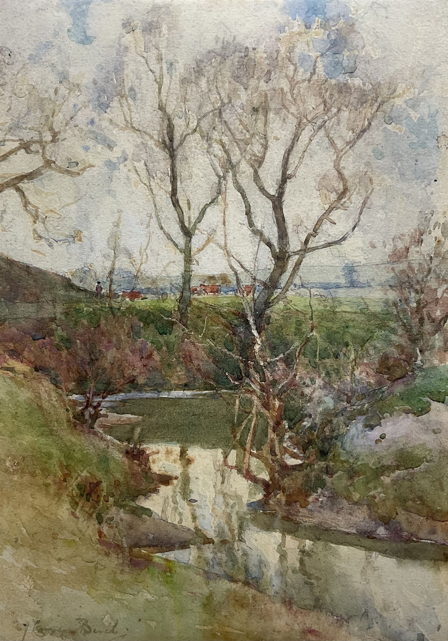 Samuel John 'Lamorna' Birch (Newlyn School 1869-1955): View Towards a Town, watercolour signed 24.5cm x 17cm 
