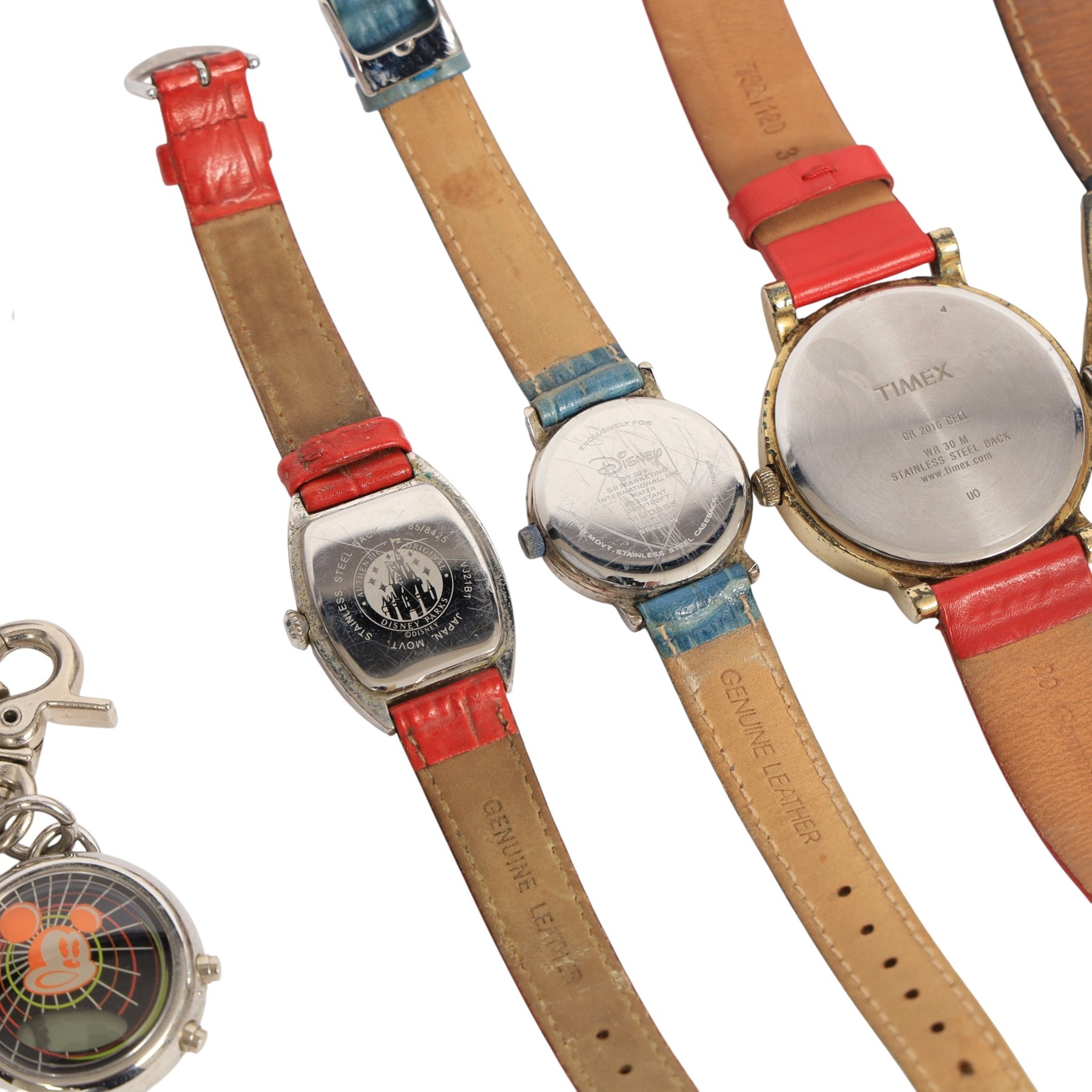 Six Disney Mickey/Minnie Mouse watches, two Mickey Mouse ring watches and a clip on stop watch