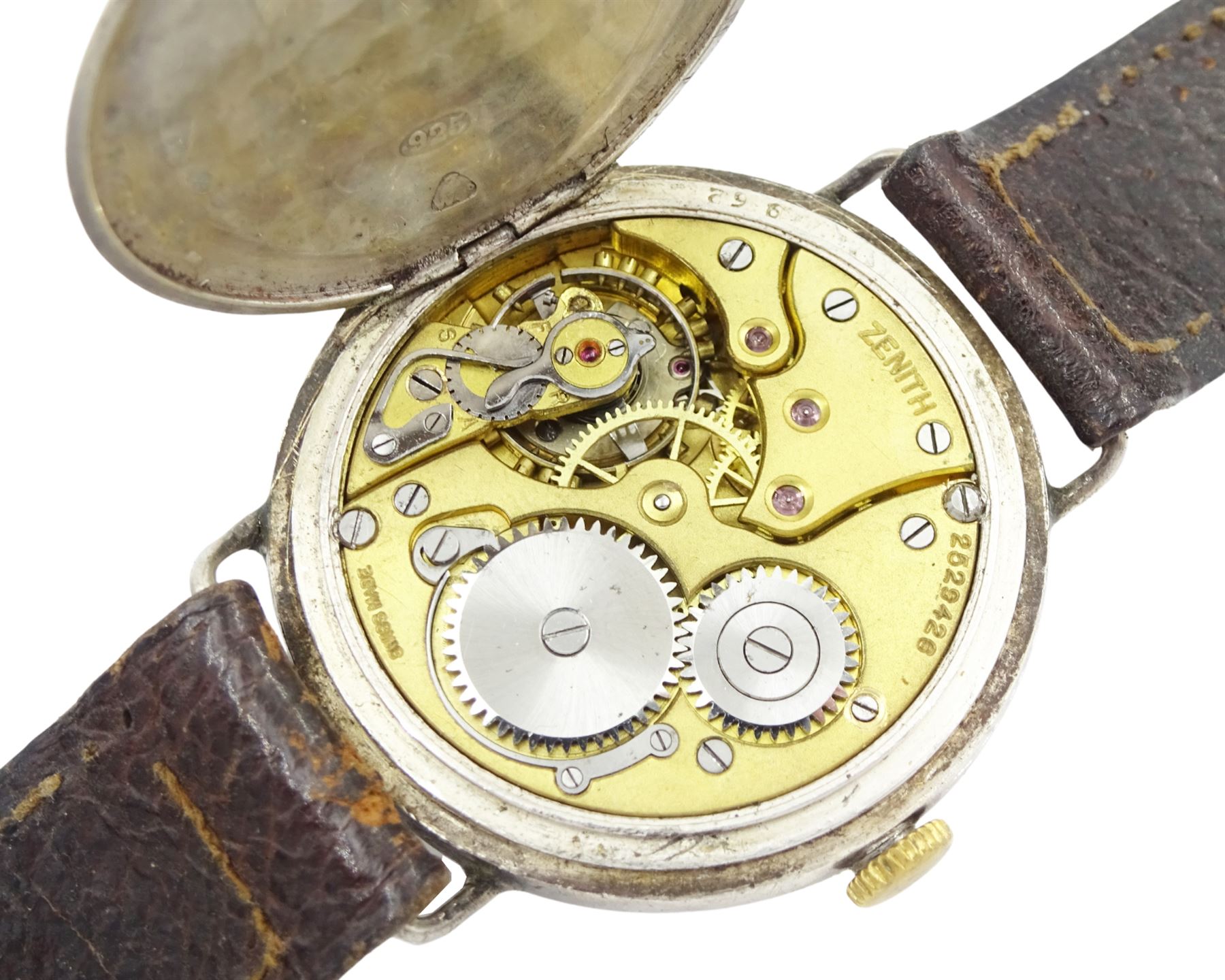Zenith early 20th century silver manual wind wristwatch, No. 2529426, Roman numerals with subsidiary seconds dial and red 12 o'clock marker, Glasgow import marks 1938, on brown leather strap