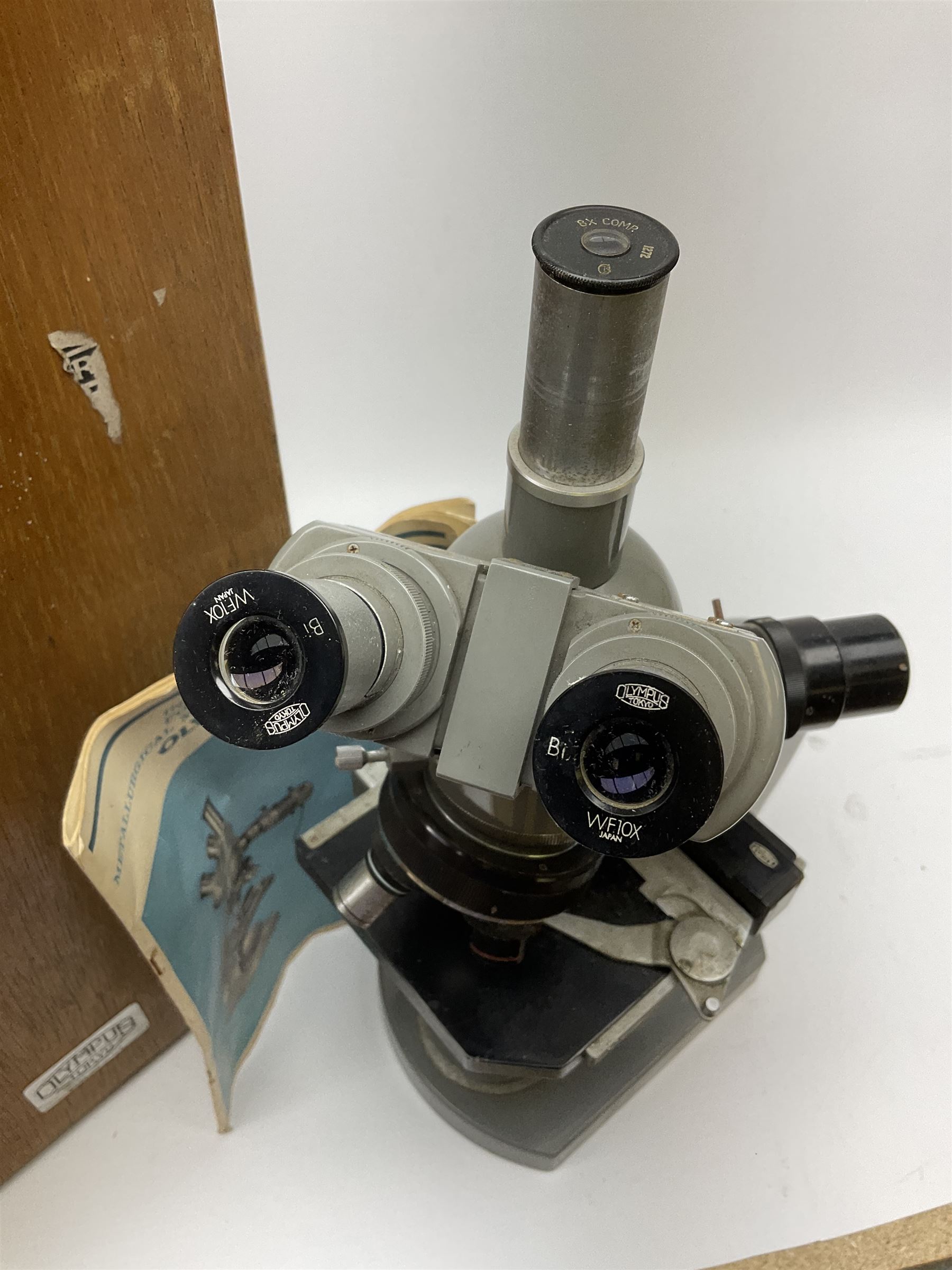 Olympus binocular microscope, numbered '222161', H37cm, in wooden case, untested