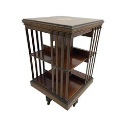 Maple & Co. London - Edwardian mahogany inlaid revolving bookcase, moulded square top with inlaid circular fan motif and satinwood banding, with circular label